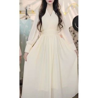 Đầm Size Lớn Nữ Dài Tay Đầm Mùa Hè Đầm Ren Dài Tay Cổ Tích Trắng Đầm Over-the-Knee Đầm Mùa Xuân Cổ Chữ v Một Mảnh Đầm Nẹp-Waist Một Mảnh Đầm Nữ