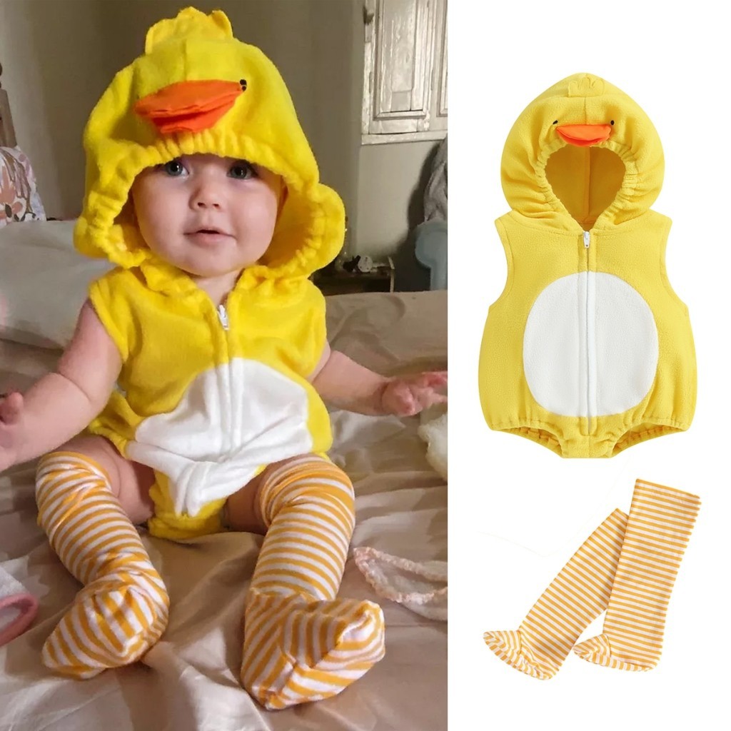 Áo Liền Quần Có Nón Không Tay In Hình Gà Con Dành Cho Bé 0-24 Tháng Tuổi