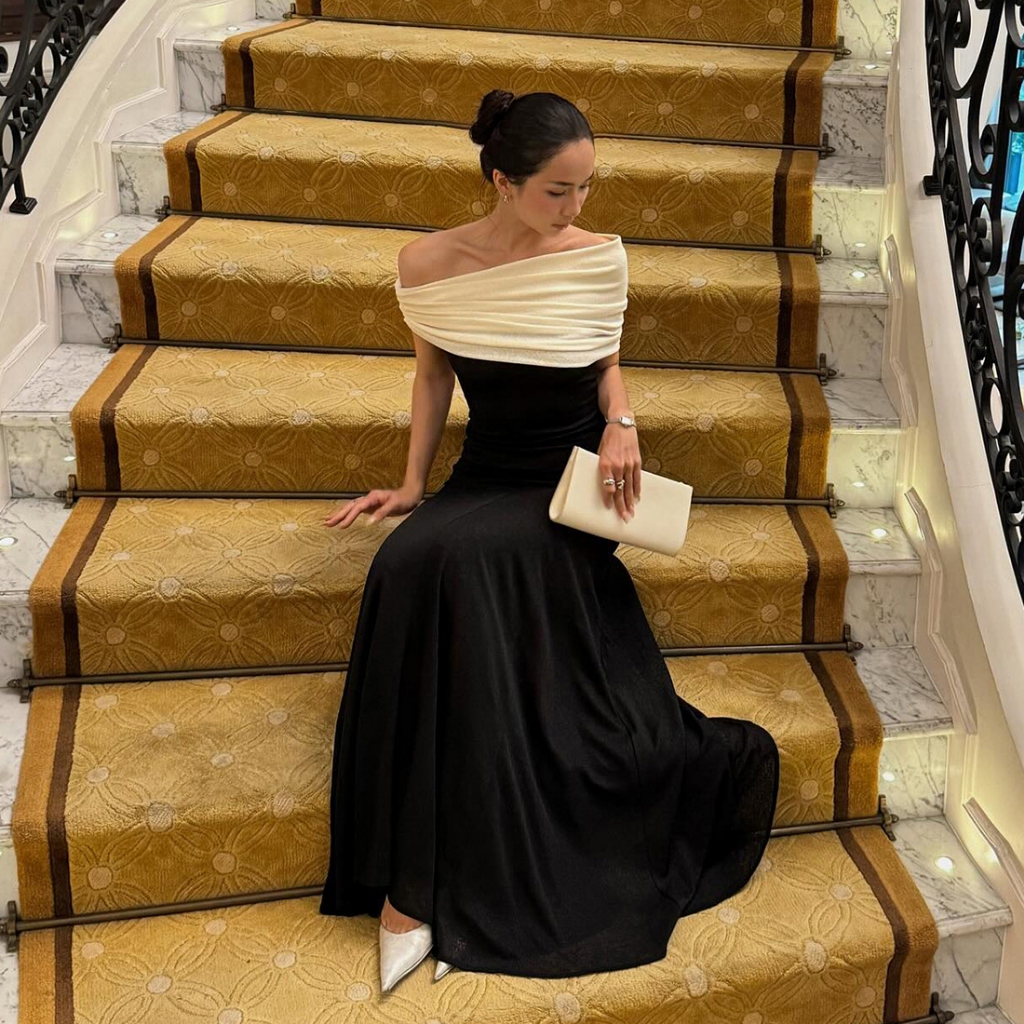 Cutenew Thanh Lịch Đầm Maxi Vai Baring Slash Cổ Chắp Vá Hình Eo Đơn Giản Nữ Mùa Hè Cao Cấp Thường Ngày Phong Cách Pháp