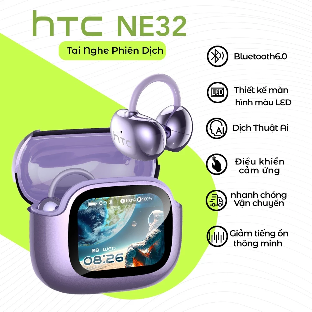 HTC NE32 Tai Nghe Phiên Dịch Al Dịch Thời Gian Thực Bluetooth 6.0 Màn Hình LED Cảm Ứng Đa Năng Chống Nước IPX5