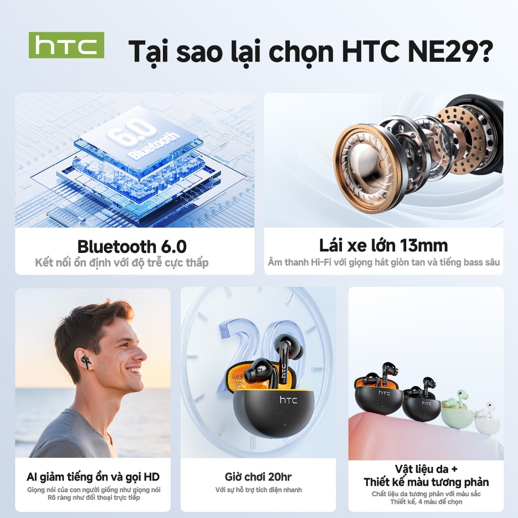 [Bảo hành 1 năm] Tai nghe Bluetooth HTC NE29TWS Công nghệ khử tiếng ồn cuộc gọi ANC HD Tai nghe Bluetooth có Mic | BigBuy360 - bigbuy360.vn