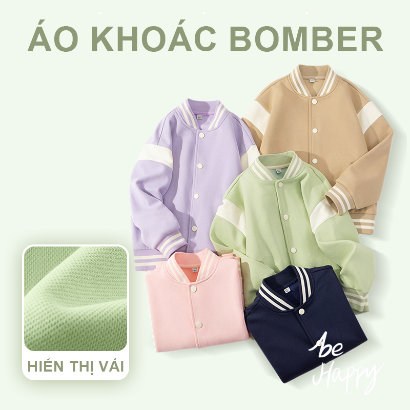 Áo khoác bomber bé trai, màu sắc tương phản phong cách mới mùa xuân có túi và in chữ, thích hợp cho trang phục thể thao ngoài trời