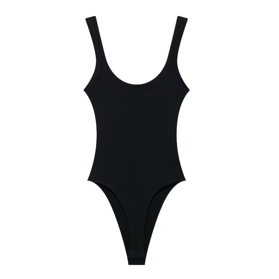Bộ đồ liền thân skinny nữ với gân và dây đeo cổ chữ O, thời trang gợi cảm