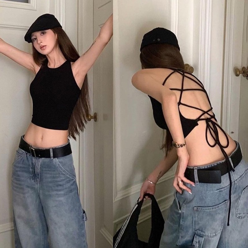 Áo Vest Đen Phong Cách Y2K, Thiết Kế Backless Crop Top Gợi Cảm Cho Mùa Hè