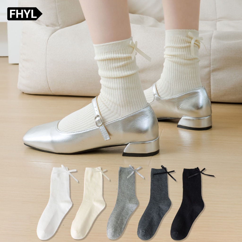 FHYL Tất Cotton Cổ Cao Gắn Nơ Co Giản Thoáng Khí Thấm Hút Mồ Hôi Phong Cách Lolita Nhật Bản Thời Trang Cho Nữ