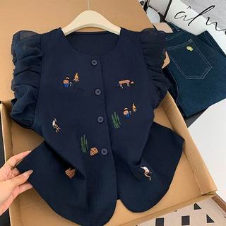 Áo sơ mi không tay phong cách Hàn Quốc, thêu ren ruffle, phù hợp mọi kích cỡ