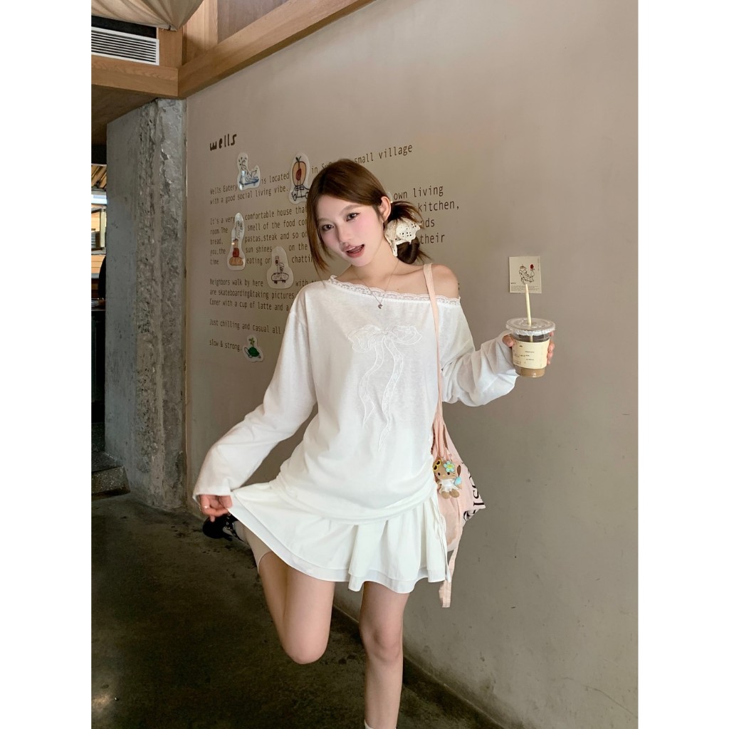 [BANKO] Áo thun nữ style Hàn Quốc mùa hè, chất liệu ren với nơ trắng và thiết kế vai slanted