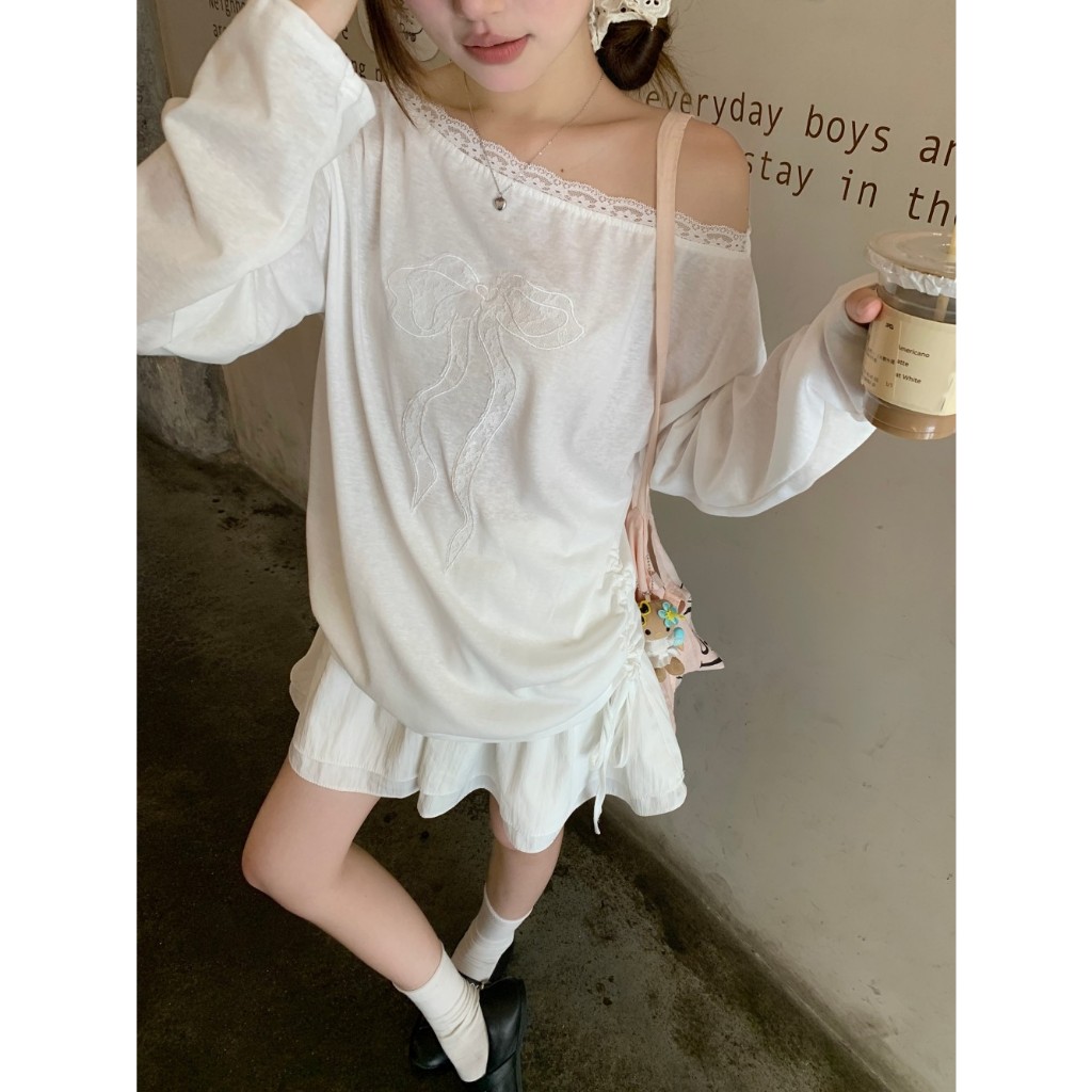 [BANKO] Áo thun nữ style Hàn Quốc mùa hè, chất liệu ren với nơ trắng và thiết kế vai slanted