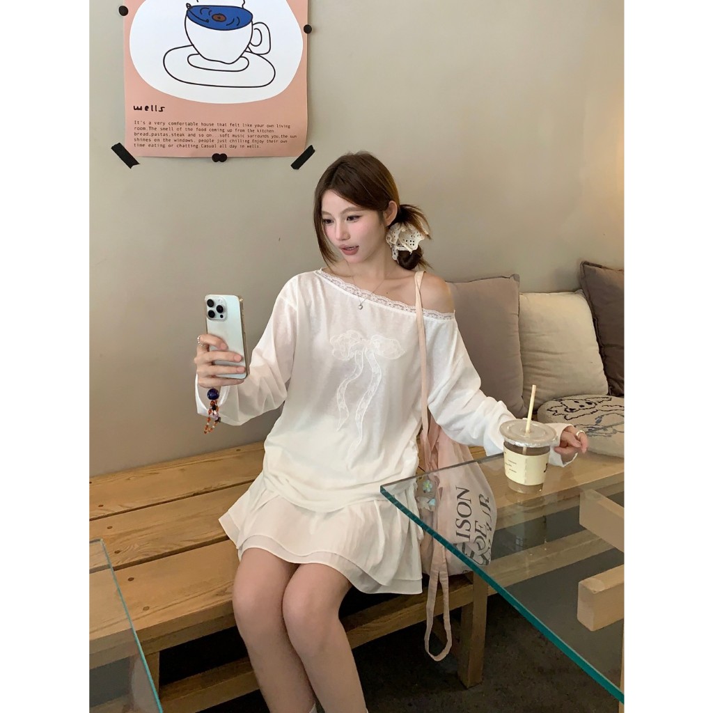[BANKO] Áo thun nữ style Hàn Quốc mùa hè, chất liệu ren với nơ trắng và thiết kế vai slanted