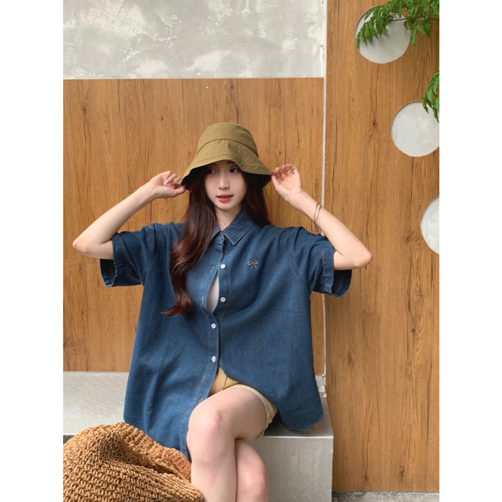 SUXI Áo sơ mi Denim ngắn tay thêu màu xanh đơn giản cho nữ mùa hè mới 250708