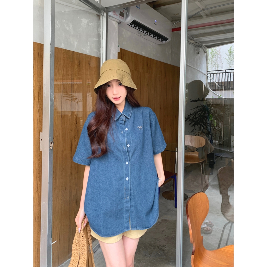 SUXI Áo sơ mi Denim ngắn tay thêu màu xanh đơn giản cho nữ mùa hè mới 250708