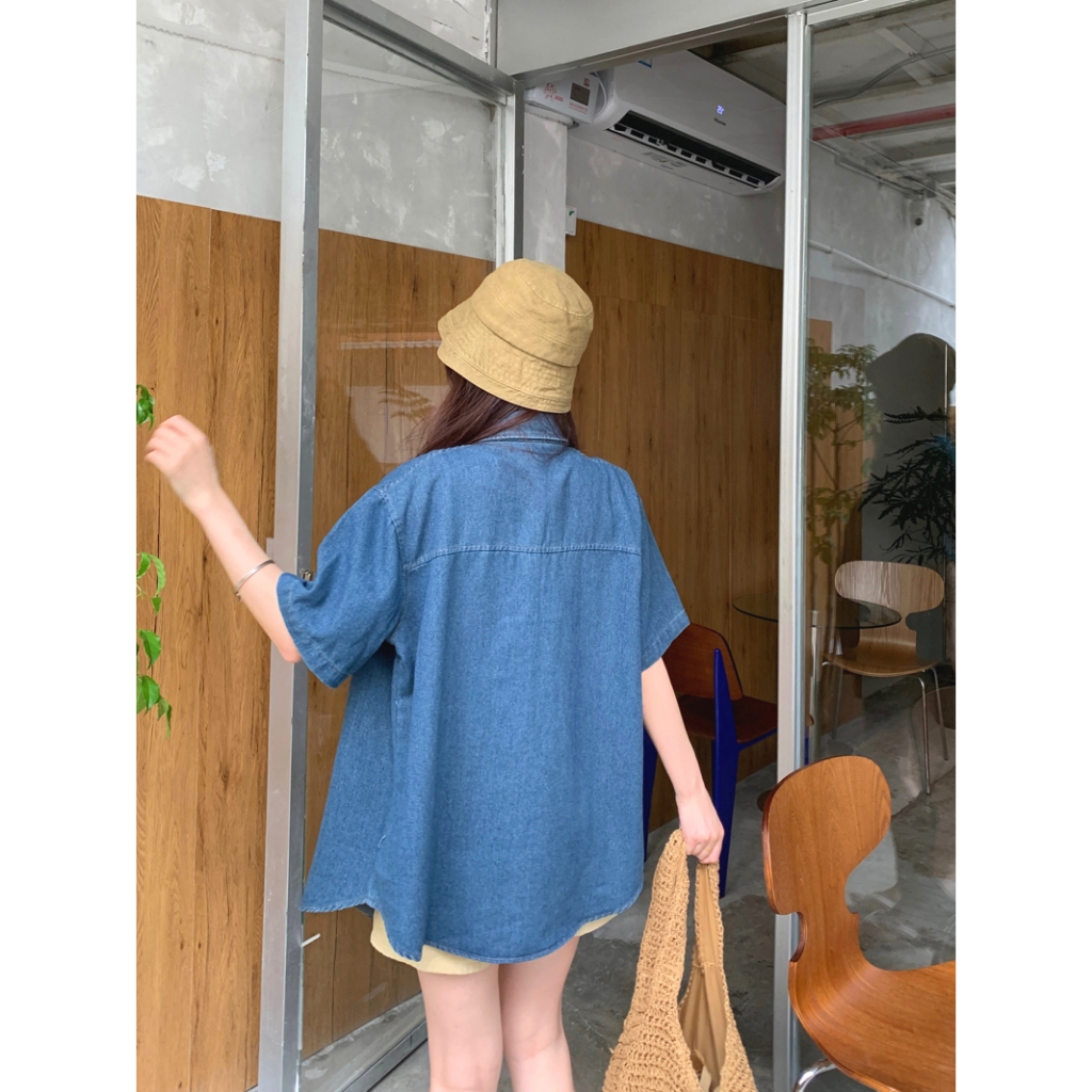SUXI Áo sơ mi Denim ngắn tay thêu màu xanh đơn giản cho nữ mùa hè mới 250708