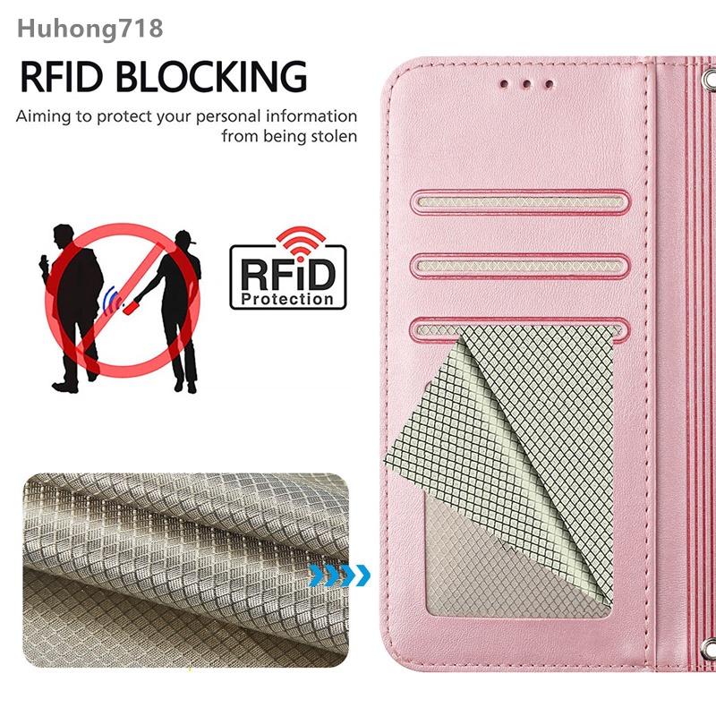 Dành Cho Iphone 14 15 16 17 Plus Air Pro Max Ốp Lưng Điện Thoại Da PU RFID Chặn Gấp Ví Khe Cắm Thẻ Lật Bao
