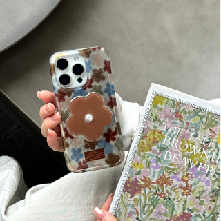 Hàn Quốc Retro Hoa Nâu Ngọc Trai Hoa Đế Điện Thoại Da Wrsit Dây Đeo Dành Cho iPhone 16Promax 16Pro 13 14 15 Pro Max Chống Sốc Hai Lớp imd Nữ Vỏ Di Động