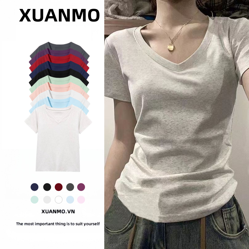 XUANMO Local brand Áo baby tee Áo Thun ôm body Áo y2k cotton Phong Cách Mỹ Trang Trọng Vai Ngắn Tay Nữ Mùa Hè Phong Cách Mới Thiết Kế Slim-fit Sli