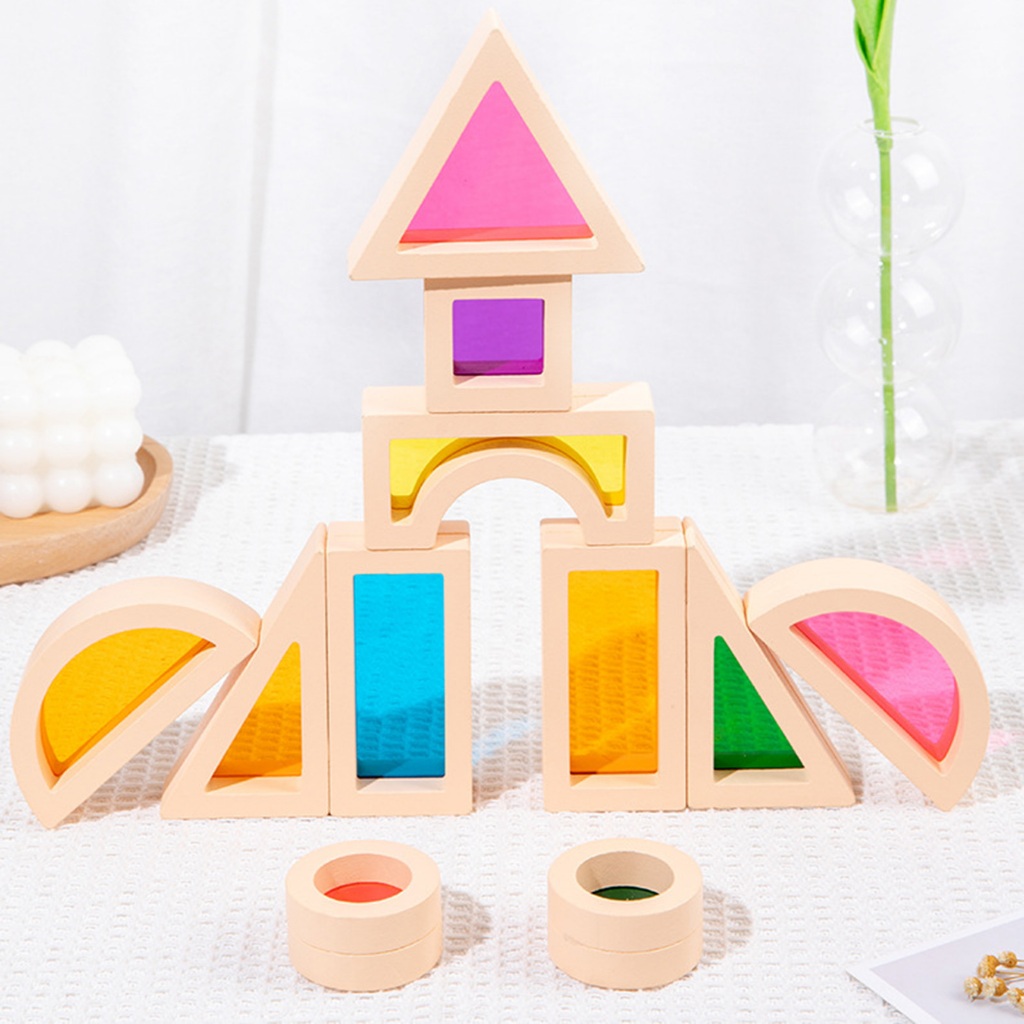 Gamchiano 25 Cái Khối Xếp Chồng Màu Sắc Hình Học Sớm Montessori Đồ Chơi Gỗ Cầu Vồng