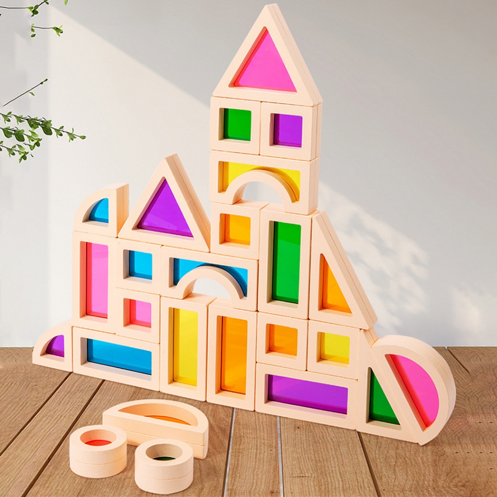 Gamchiano 25 Cái Khối Xếp Chồng Màu Sắc Hình Học Sớm Montessori Đồ Chơi Gỗ Cầu Vồng