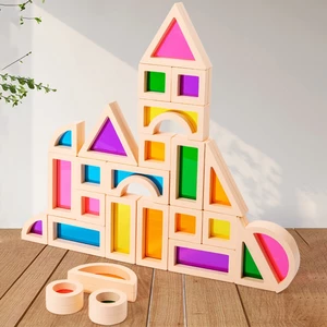 Gamchiano 25 Cái Khối Xếp Chồng Màu Sắc Hình Học Sớm Montessori Đồ Chơi Gỗ Cầu Vồng