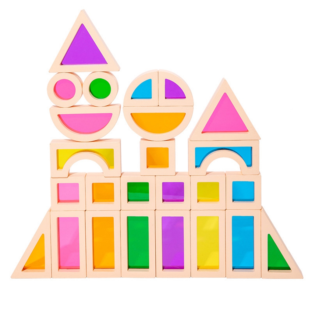 Gamchiano 25 Cái Khối Xếp Chồng Màu Sắc Hình Học Sớm Montessori Đồ Chơi Gỗ Cầu Vồng