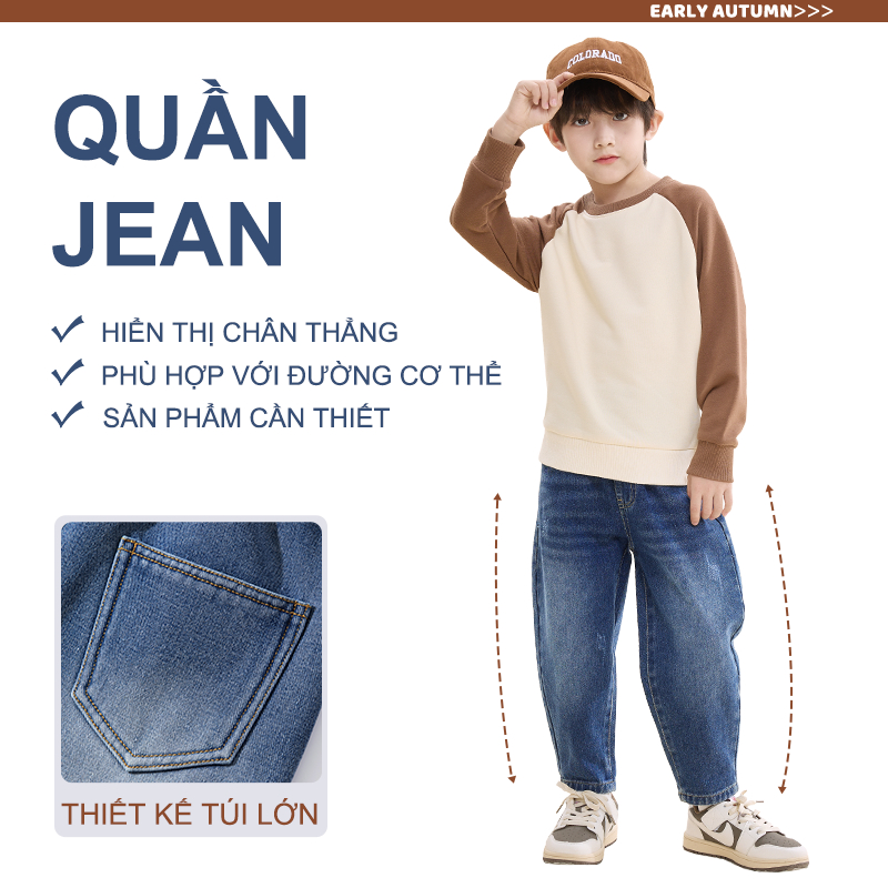 Quần jean bé trai, Thời trang cổ điển phù hợp, thoáng khí thoải mái, thích hợp để mặc đi học hàng