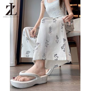 ZHELIHANGFEI Quần ống rộng bằng vải lanh cotton, in họa tiết mỏng