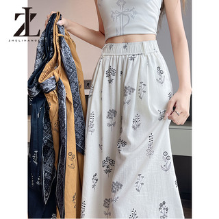 ZHELIHANGFEI Quần ống rộng bằng vải lanh cotton, in họa tiết mỏng