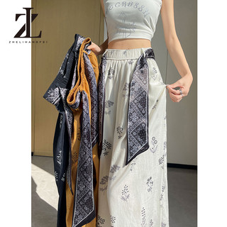 ZHELIHANGFEI Quần ống rộng bằng vải lanh cotton, in họa tiết mỏng