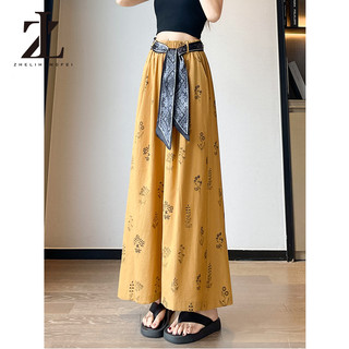 ZHELIHANGFEI Quần ống rộng bằng vải lanh cotton, in họa tiết mỏng