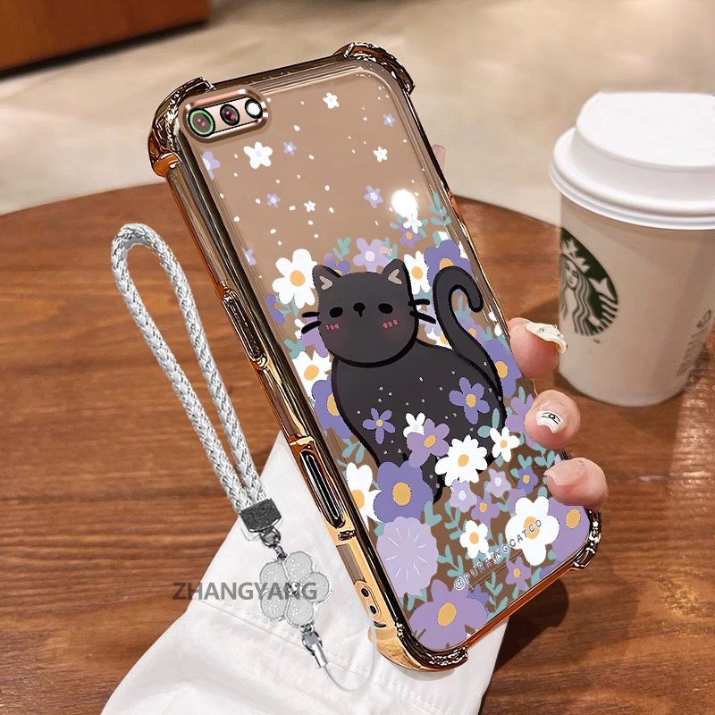 Ốp Lưng Cho OPPO A3S A12e A1k Ốp Điện Thoại Chống Sốc Mạ Điện Có Hoa Thẩm Mỹ Và Họa Tiết Mèo Dễ Thương TPU Mềm Miễn Phí Dây Buộc