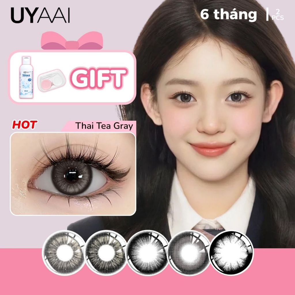 【 Mua 1 được 3 】 UYAAI 0 ~ 4 độ gần mắt Thai Tea Gray Kính Áp tròng MCK1 đen；1 Lens + 60ml Nước Ngâm Lens +1 Hộp đựng Lens
