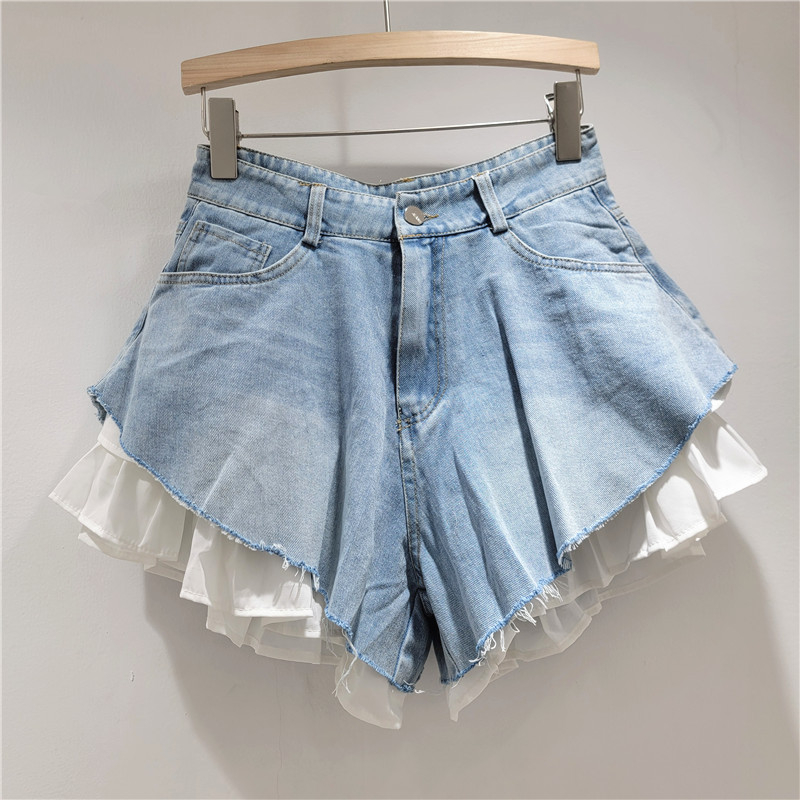 Niche Thời Trang Cao Cấp Quần Ống Rộng Hợp Thời Trang Mỹ ins High Street Giả Thiết Kế Hai Mảnh Quần Short Denim Nữ