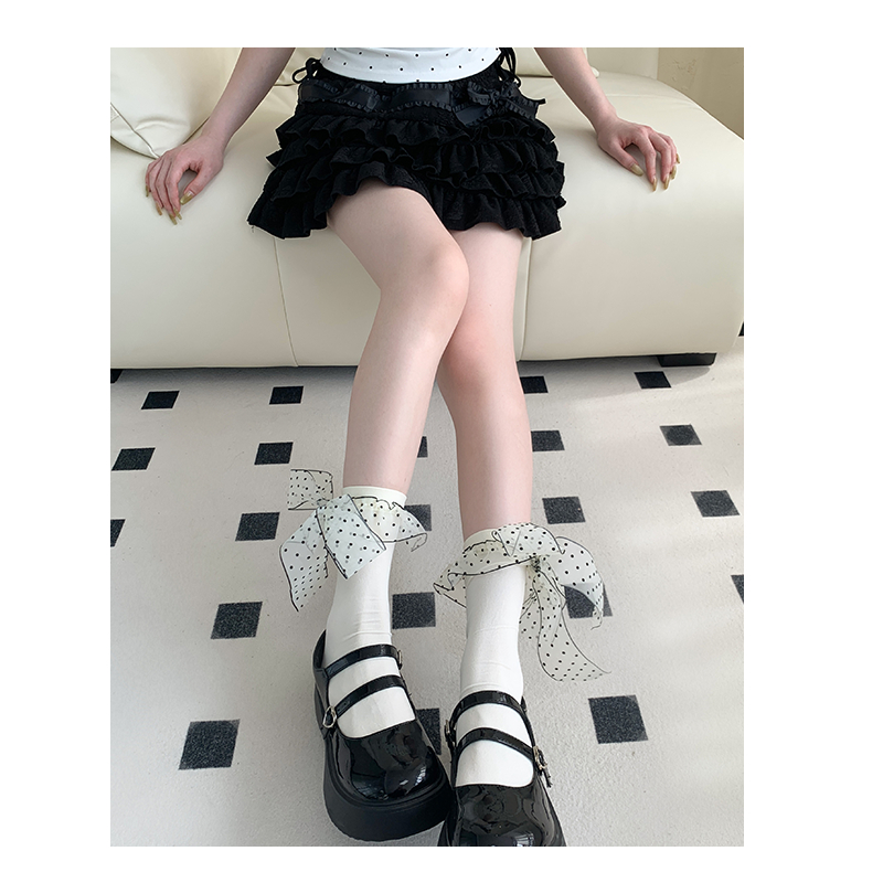 Have u desgin Sữa Trắng Chấm Bi Ruy Băng Bê Tất Mỏng Phong Cách Playful Ngọt Ngào Nữ Tính Nhung Nơ Streamer Vớ