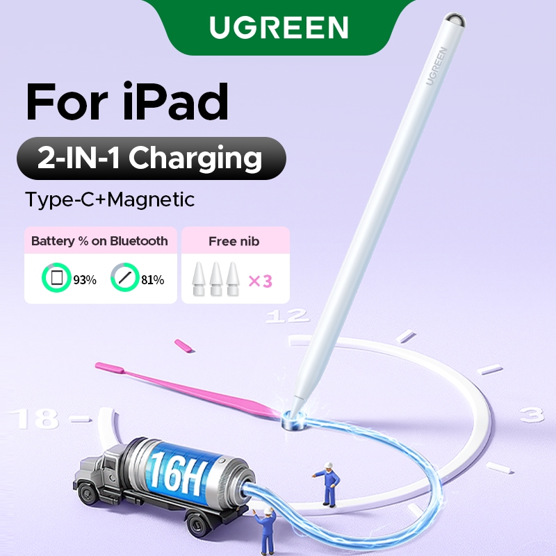 Bút cảm ứng thông minh UGREEN - Sạc kép từ tính & USB-C, Sạc nhanh, Thời lượng pin dài, Hiển thị dung lượng pin Bluetooth, Hỗ trợ nghiêng & Gắn từ tính cho iPad Pro/Air/Mini
