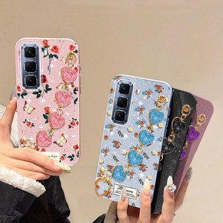 Ốp Điện Thoại YBD Cho Infinix Hot 60i Hot 60 Pro + Hot 50 Pro + X6726 X6728 X6728B X6885 X6886 Toàn Màn Hình Hoa Hồng Dây Đeo Vòng Tay Màu Hồng Lấp Lánh