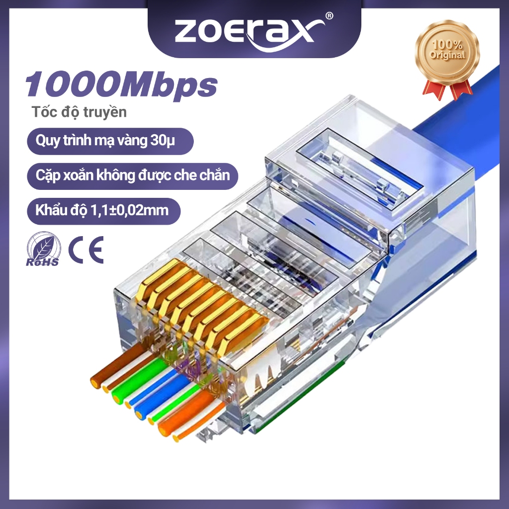 ZoeRax CAT6a Cat6 CAT5e Đi qua đầu nối mạng cắm mô-đun RJ45 UTP Đầu lỗ ...