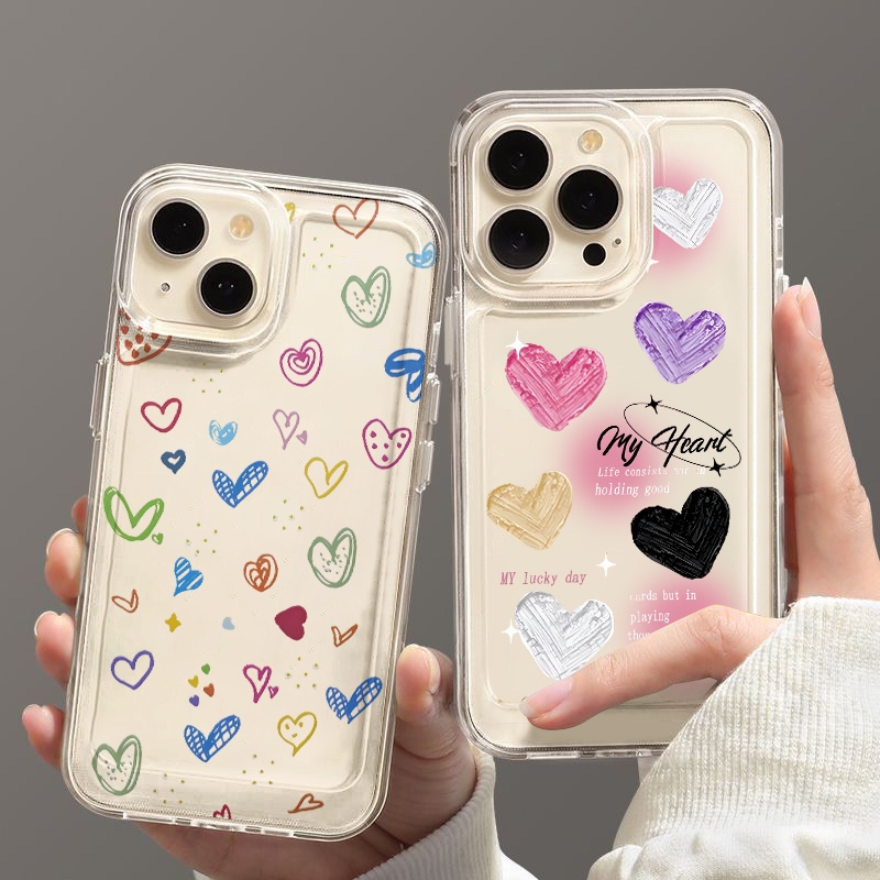 Ốp Lưng iPhone Điện Thoại Tương Thích Cho IP 16 15 Pro Max 11 12 13 14 Pro Max 7Plus 8 Plus X XR XS Max In dầu trái tim đầy màu sắc Đơn giản Vỏ điện thoại trong suốt tươi-KL