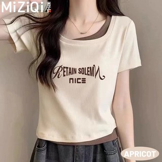 【MiZiQi】Áo thun ngắn tay giả hai mảnh dành cho nữ, áo in hình sáng tạo size lớn dành cho nữ