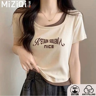【MiZiQi】Áo thun ngắn tay giả hai mảnh dành cho nữ, áo in hình sáng tạo size lớn dành cho nữ