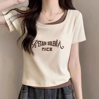 【MiZiQi】Áo thun ngắn tay giả hai mảnh dành cho nữ, áo in hình sáng tạo size lớn dành cho nữ