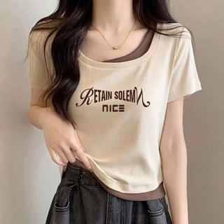 【MiZiQi】Áo thun ngắn tay giả hai mảnh dành cho nữ, áo in hình sáng tạo size lớn dành cho nữ