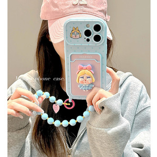 Hàn Quốc Dễ Thương 3D Cryling Girl Màu Xanh Tình Yêu Trái Tim Khe Cắm Thẻ Túi Wrsit Dây Xích Điện Thoại Dành Cho iPhone 16Promax 15Promax 14 Pro Max 13 Silicon Mềm Chống Sốc Vỏ Di Động