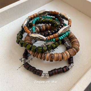 DREZEW Hạt gỗ không đều và vòng tay đính cườm vỏ dừa, phong cách dân tộc cổ điển (6 chiếc)