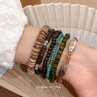 DREZEW Hạt gỗ không đều và vòng tay đính cườm vỏ dừa, phong cách dân tộc cổ điển (6 chiếc)