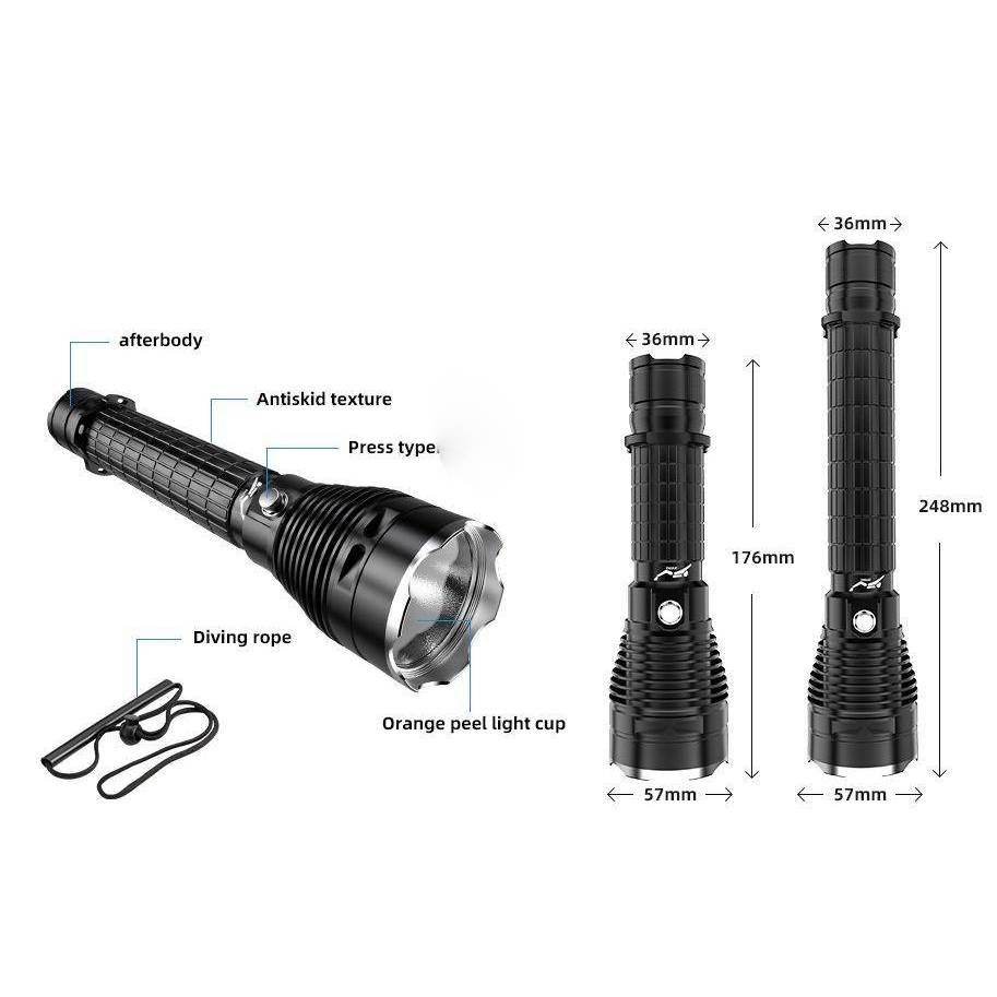 Đèn pin lặn chống nước XHP70.2 với LED trắng mạnh mẽ, phù hợp lặn sâu đến 100m, hỗ trợ 3 chế độ sáng