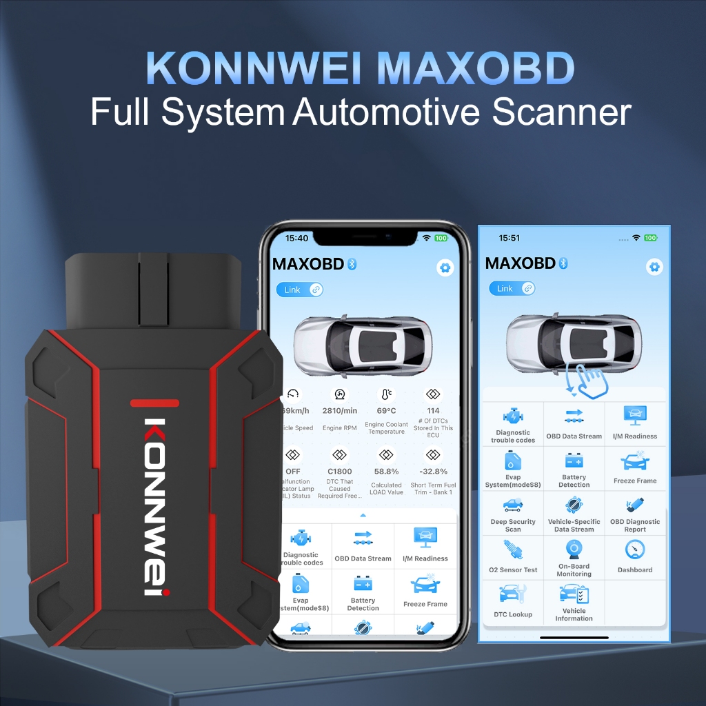 KONNWEI MAXOBD OBD2 Tất cả các hệ thống Máy quét ô tô Bluetooth 5.2 cho iOS Android OBDII Công cụ quét chẩn đoán ô tô Động cơ ABS Báo động lỗi Đầu đọc mã Ứng dụng miễn phí