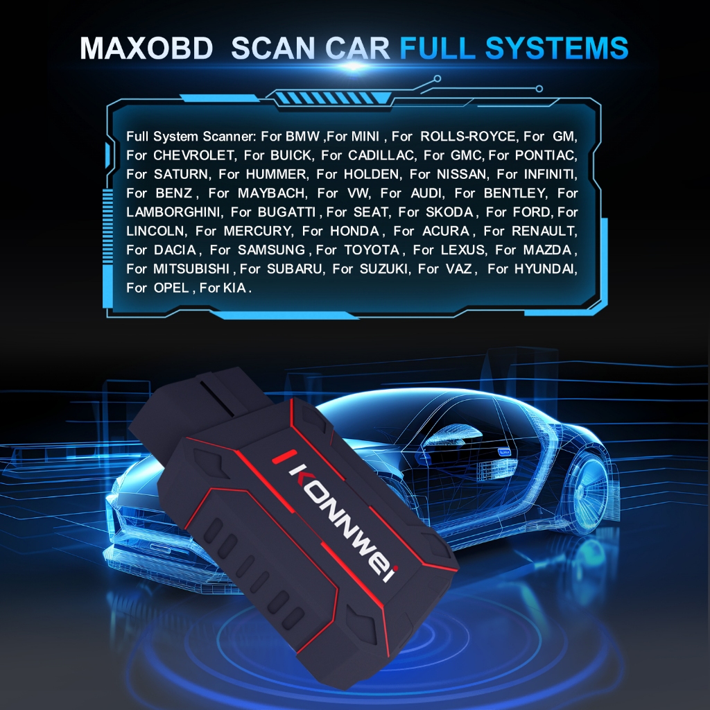 KONNWEI MAXOBD OBD2 Tất cả các hệ thống Máy quét ô tô Bluetooth 5.2 cho iOS Android OBDII Công cụ quét chẩn đoán ô tô Động cơ ABS Báo động lỗi Đầu đọc mã Ứng dụng miễn phí