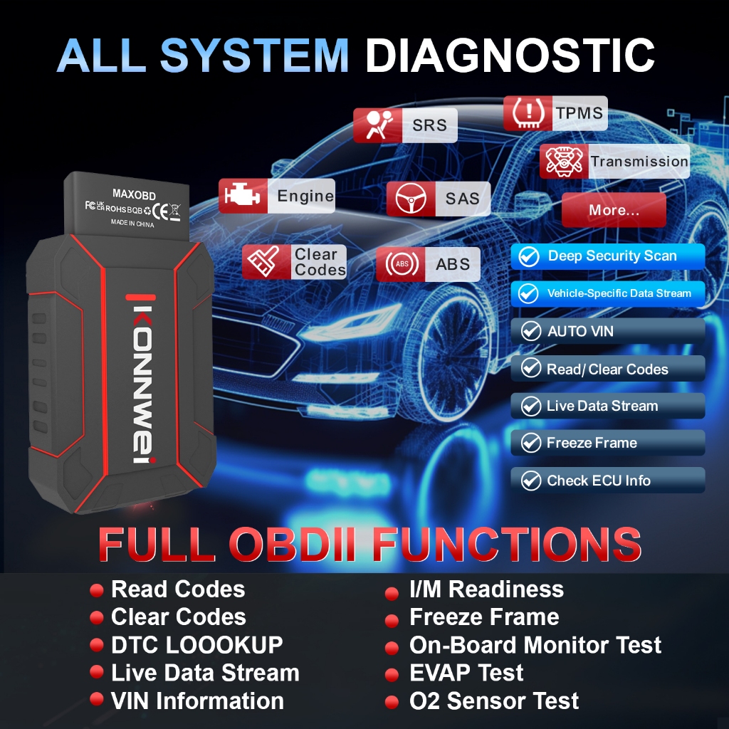 KONNWEI MAXOBD OBD2 Tất cả các hệ thống Máy quét ô tô Bluetooth 5.2 cho iOS Android OBDII Công cụ quét chẩn đoán ô tô Động cơ ABS Báo động lỗi Đầu đọc mã Ứng dụng miễn phí