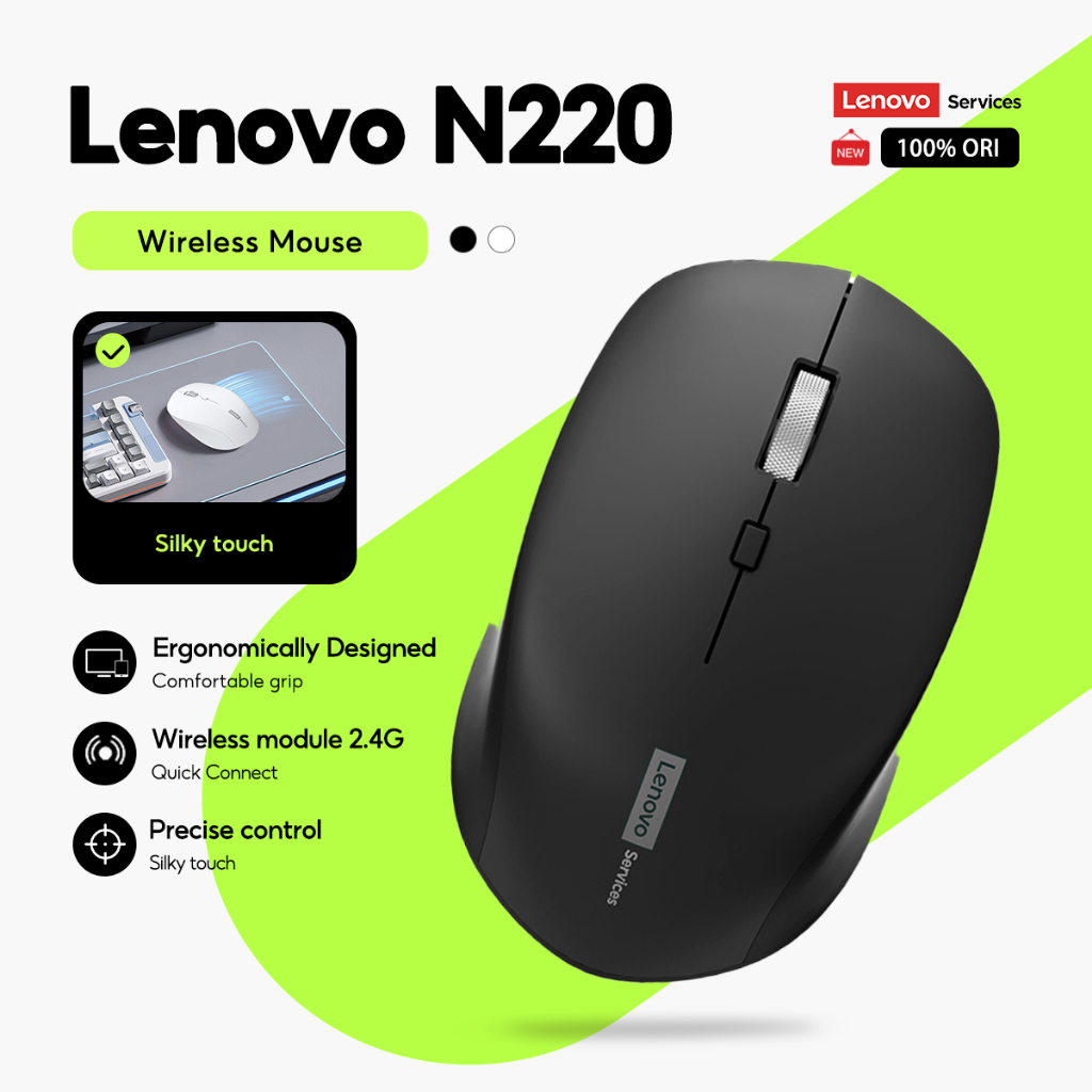 Chuột im lặng không dây Lenovo N220 2.4GHz Độ trễ siêu thấp Phản hồi nhanh Tuổi thọ pin siêu dài Văn phòng kinh doanh Thiết kế tiện dụng