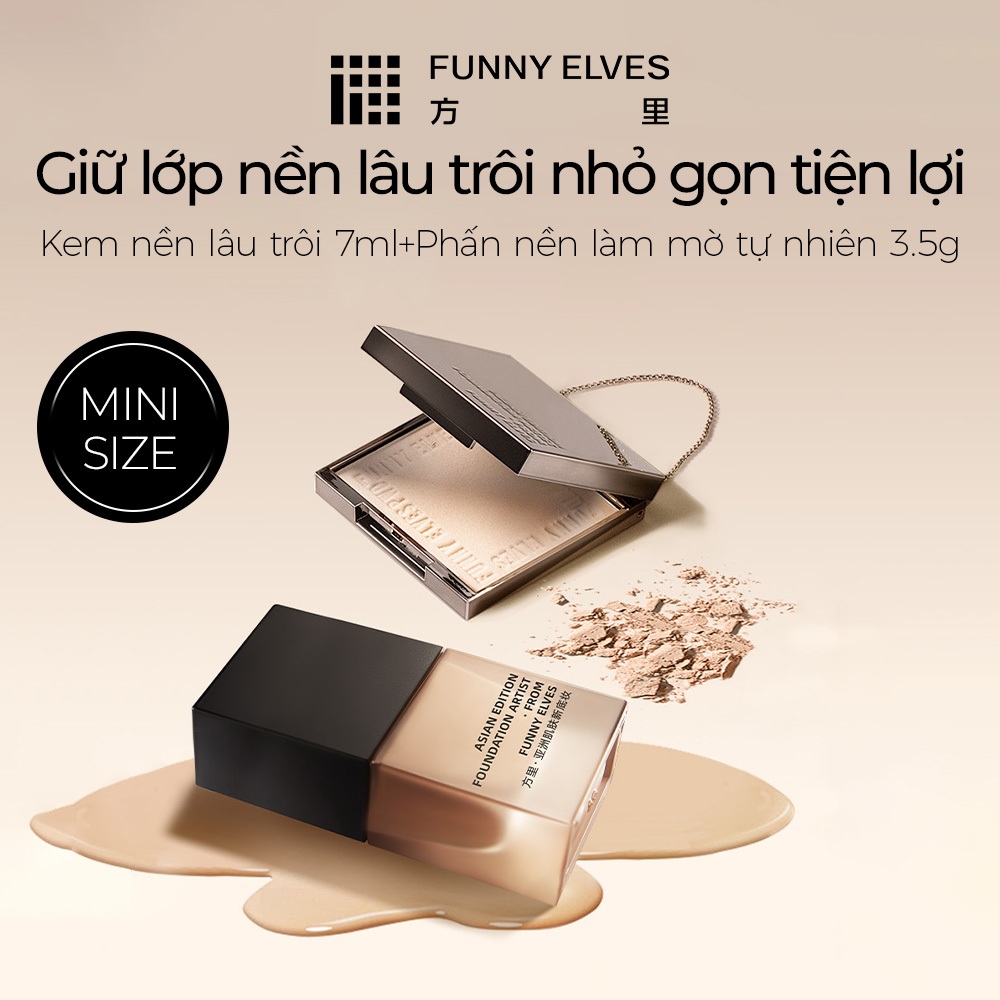 FunnyElves Bộ Trang Điểm Mini – Phấn Nền + Kem Nền, Mịn Nhẹ, Bám Da, Nhiều Màu | 3.5g + 7ml