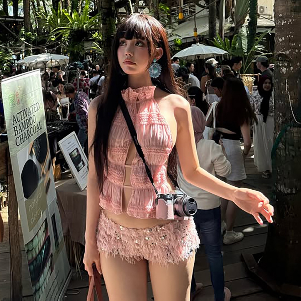 Cutenew Gợi Cảm 2 Bộ Dây Độc Đáo Rỗng Ra Không Tay Áo Vest + Quần Short Sequin Sáng Bóng Nữ Mùa Hè Hot Chick Phong Cách Thường Ngày